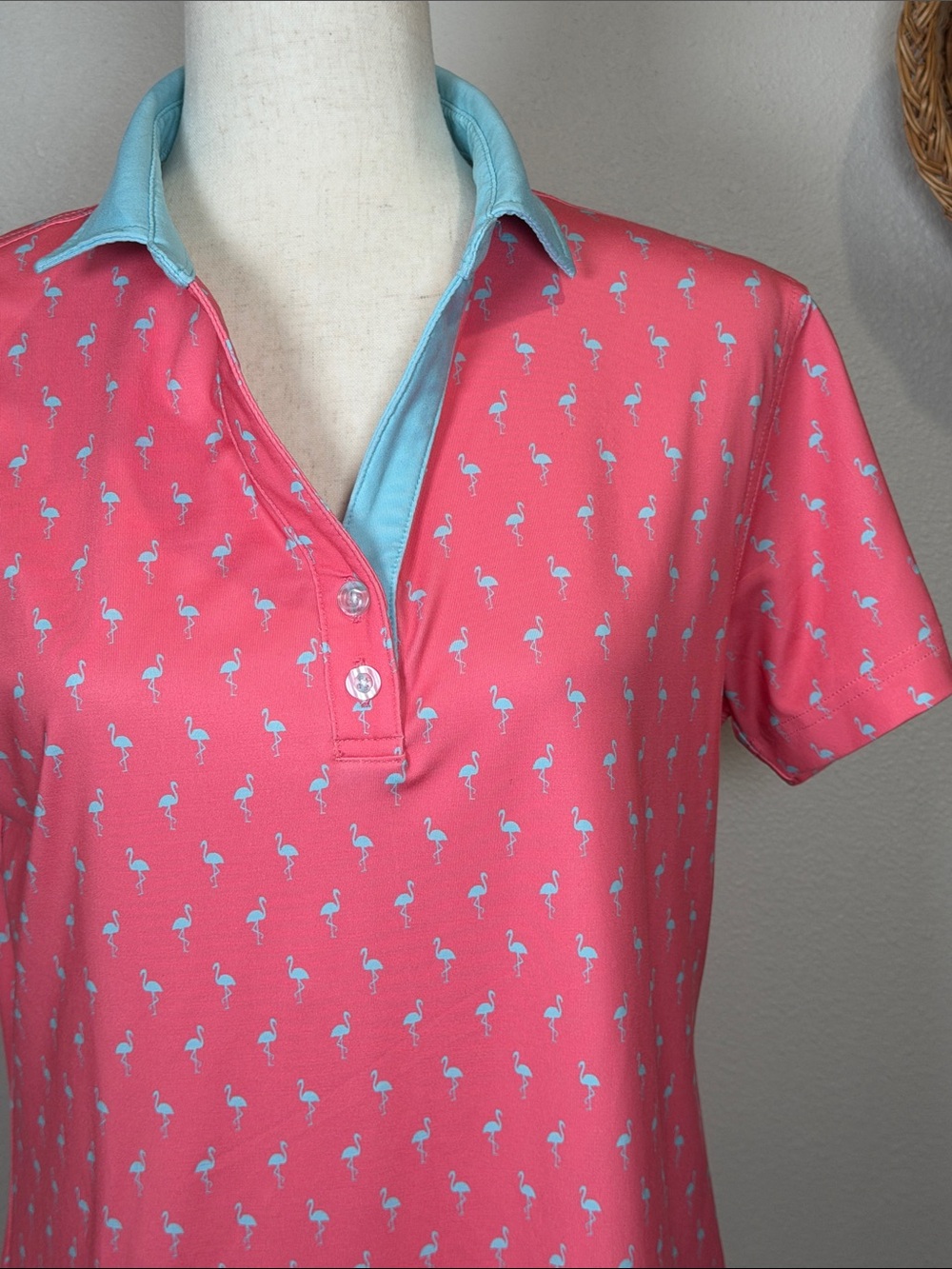 Waggle Women's Flamingo Print Golf Polo Pink Turquoise Blue Size Large